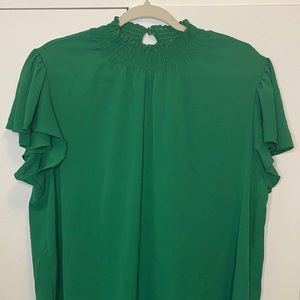 High neck green stretch blouse w/flutter sleeve
